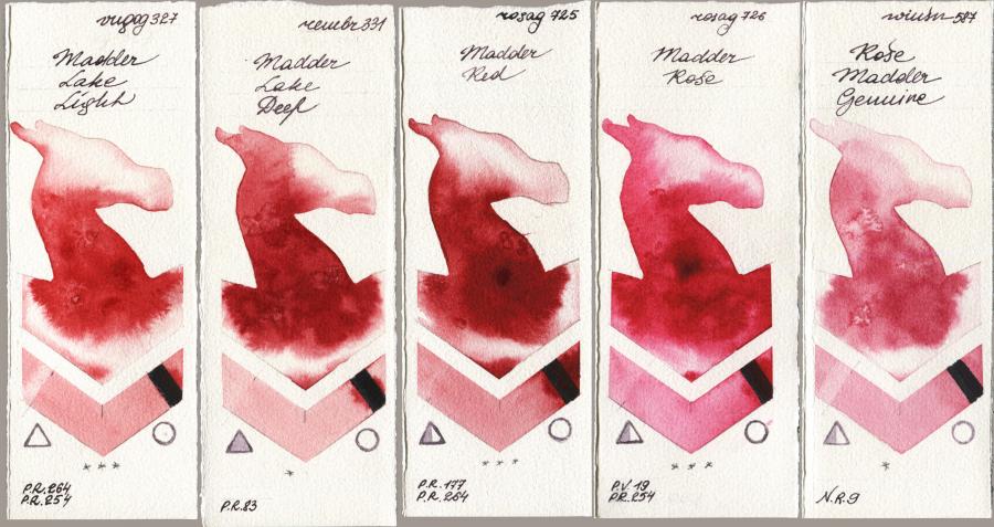 Royal Talens Van Gogh Watercolour 327 Madder Lake Light vs Royal Talens Rembrandt Watercolour 331 Madder Lake Deep vs Rosa Gallery 725 Madder Red vs 726 Madder Rose vs Winsor & Newton Professional 587 Rose Madder Genuine watercolor swatch