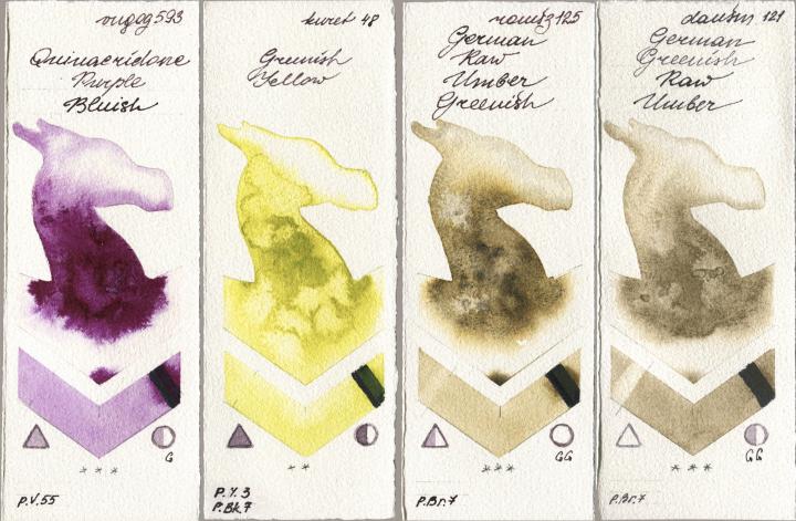 Royal Talens Van Gogh Watercolour 593 Quinacridone Purple Bluish, Kuretake Gansai Tambi 048 Greenish Yellow, Roman Szmal Aquarius 125 German Raw Umber Greenish, Daniel Smith 121 German Greenish Raw Umb watercolor swatch