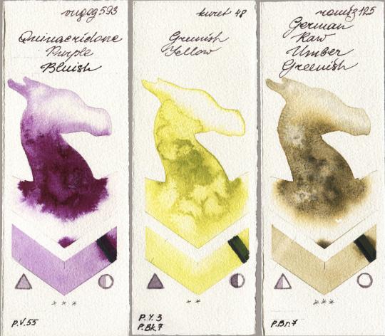 Royal Talens Van Gogh Watercolour 593 Quinacridone Purple Bluish vs Kuretake Gansai Tambi 048 Greenish Yellow vs Roman Szmal Aquarius 125 German Raw Umber Greenish watercolor swatch