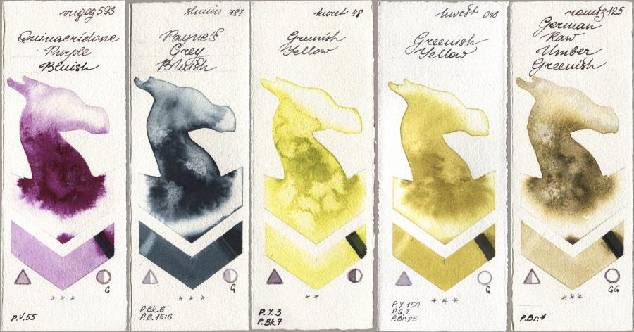 Royal Talens Van Gogh Watercolour 593 Quinacridone Purple Bluish, Shminke Horadam Aquarell 787 Paynes Grey Bluish, Kuretake Gansai Tambi 048 Greenish Yellow, Holbein Artists Watercolor 046 Greenish Yellow, Roman Szmal Aquarius 125 German Raw Umber Greeni watercolor swatch