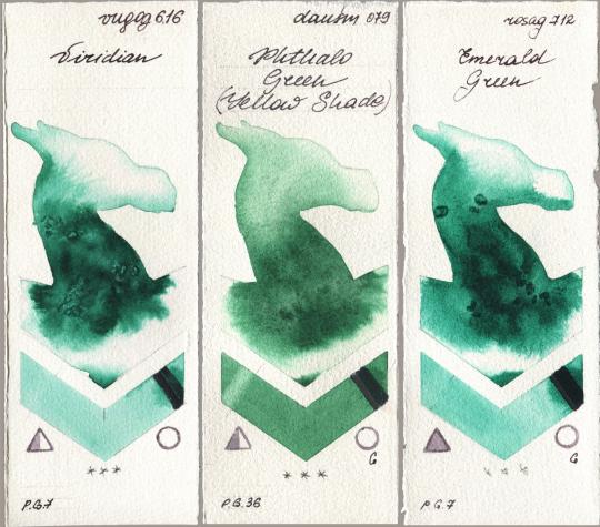Royal Talens Van Gogh Watercolour 616 Viridian, Daniel Smith 079 Phthalo Green (Yellow Shade), Rosa Gallery 712 Emerald Gre watercolor swatch