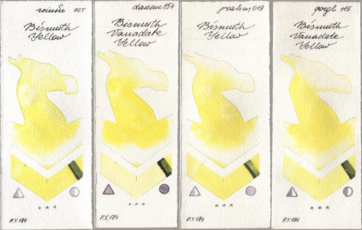 Winsor & Newton Professional 025 Bismuth Yellow, Daniel Smith 154 Bismuth Vanadate Yellow, M. Graham & Co. Artists 019 Bismuth Yellow, Golden QOR 115 Bismuth Vanadate Yell watercolor swatch