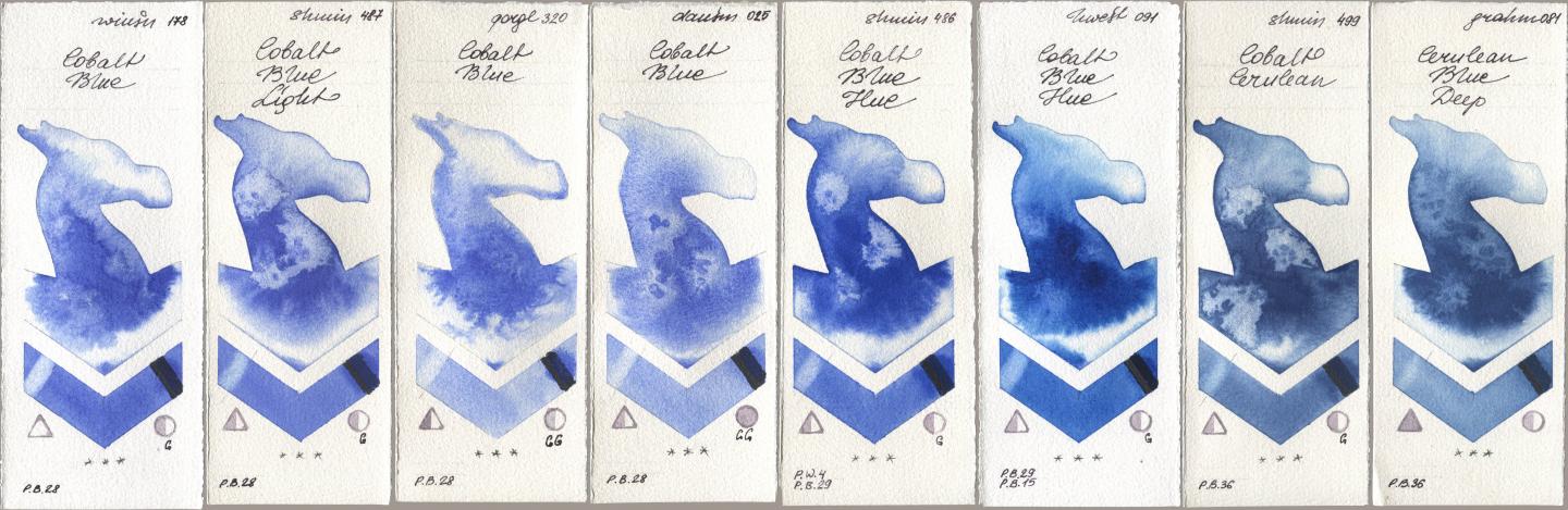 Winsor & Newton Professional 178 Cobalt Blue, Shminke Horadam Aquarell 487 Cobalt Blue Light, Golden QOR 320 Cobalt Blue, Daniel Smith 025 Cobalt Blue, 486 Cobalt Blue Hue, Holbein Artists Watercolor 091 Cobalt Blue Hue, 499 Cobalt Cerulean, M. Graham & Co. Artists 081 Cerulean Blue De watercolor swatch