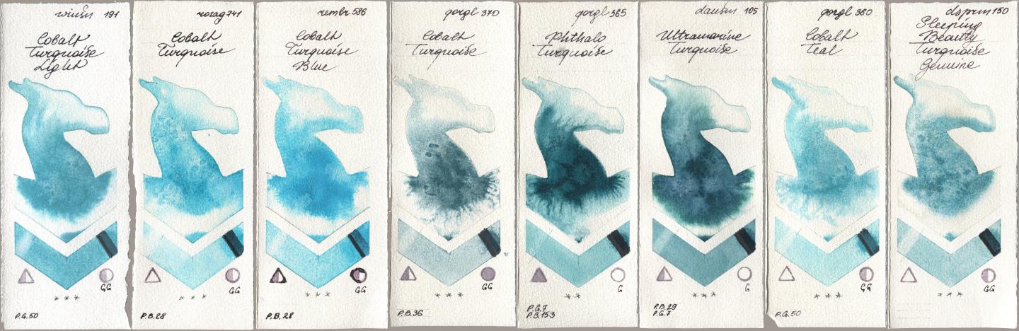 Winsor & Newton Professional 191 Cobalt Turquoise Light, Rosa Gallery 741 Cobalt Turquoise, Royal Talens Rembrandt Watercolour 586 Cobalt Turquoise Blue, Golden QOR 370 Cobalt Turquoise, 365 Phthalo Turquoise, Daniel Smith 105 Ultramarine Turquoise, 360 Cobalt Teal, 150 Sleeping Beauty Turquoise Genui watercolor swatch
