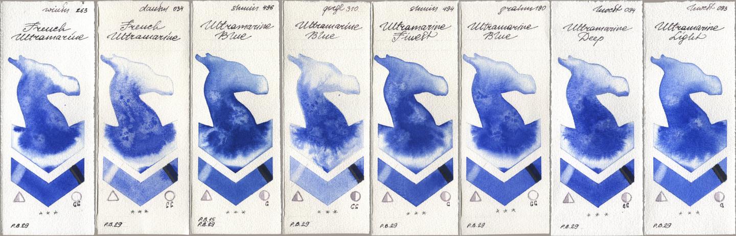 Winsor & Newton Professional 263 French Ultramarine, Daniel Smith 034 French Ultramarine, Shminke Horadam Aquarell 496 Ultramarine Blue, Golden QOR 310 Ultramarine Blue, 494 Ultramarine Finest, M. Graham & Co. Artists 190 Ultramarine Blue, Holbein Artists Watercolor 094 Ultramarine Deep, 093 Ultramarine Lig watercolor swatch