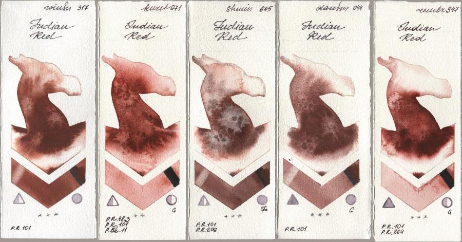 Winsor & Newton Professional 317 Indian Red, Kuretake Gansai Tambi 071 Indian Red, Shminke Horadam Aquarell 645 Indian Red, Daniel Smith 044 Indian Red, Royal Talens Rembrandt Watercolour 347 Indian R watercolor swatch