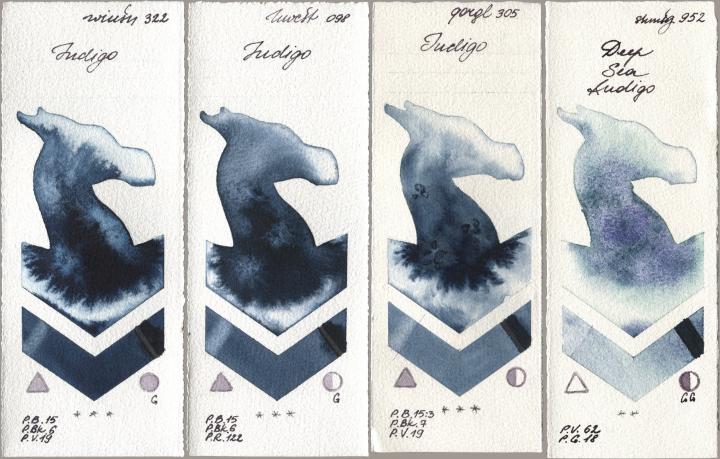 Winsor & Newton Professional 322 Indigo, Holbein Artists Watercolor 098 Indigo, Golden QOR 305 Indigo, Shminke Horadam Aquarell 952 Deep Sea Indi watercolor swatch