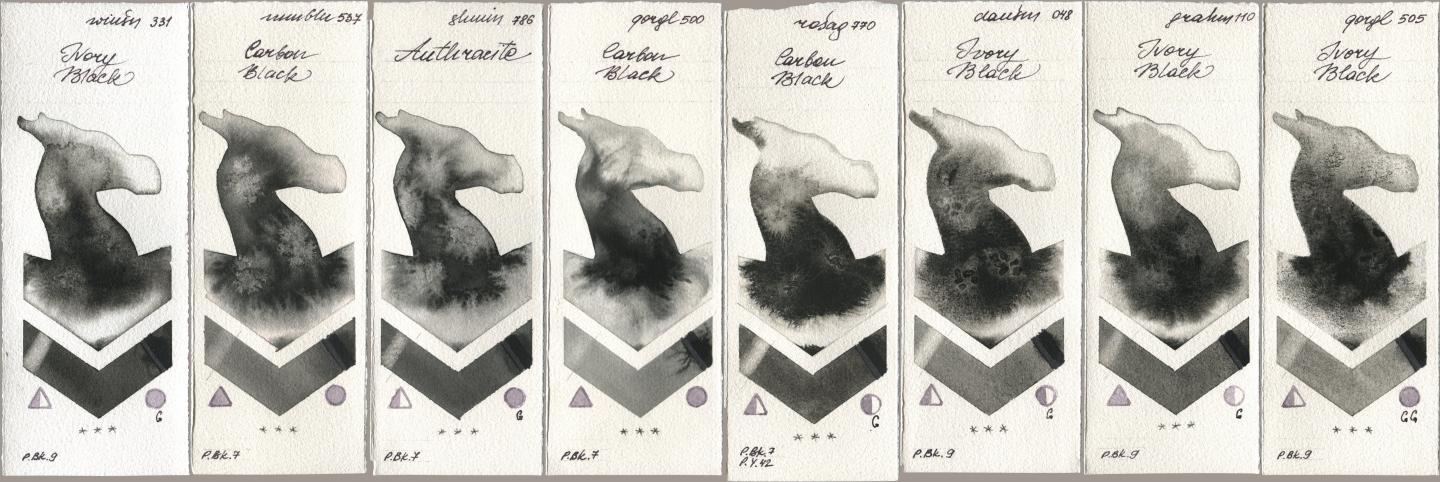 Winsor & Newton Professional 331 Ivory Black, Maimeri Blu 537 Carbon Black, Shminke Horadam Aquarell 786 Anthracite, Golden QOR 500 Carbon Black, Rosa Gallery 770 Carbon Black, Daniel Smith 048 Ivory Black, M. Graham & Co. Artists 110 Ivory Black, 505 Ivory Bla watercolor swatch