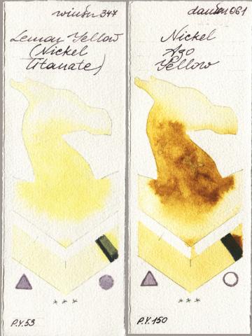 Winsor & Newton Professional 347 Lemon Yellow (Nickel Titanate) vs Daniel Smith 061 Nickel Azo Yellow watercolor swatch