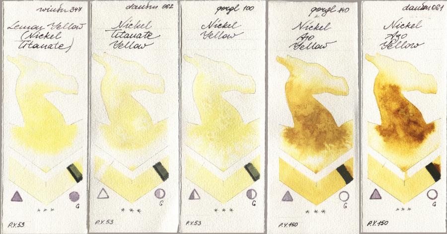 Winsor & Newton Professional 347 Lemon Yellow (Nickel Titanate), Daniel Smith 062 Nickel Titanate Yellow, Golden QOR 100 Nickel Yellow, 140 Nickel Azo Yellow, 061 Nickel Azo Yell watercolor swatch