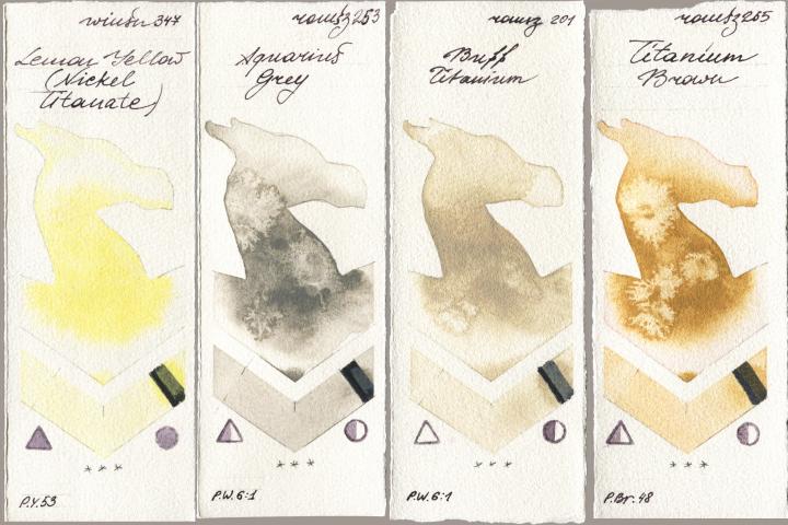 Winsor & Newton Professional 347 Lemon Yellow (Nickel Titanate) vs Roman Szmal Aquarius 253 Aquarius Grey vs 201 Buff Titanium vs 265 Titanium Brown watercolor swatch