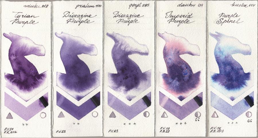 Winsor & Newton Professional 419 Tyrian Purple, M. Graham & Co. Artists 100 Dioxazine Purple, Golden QOR 295 Dioxazine Purple, Daniel Smith 174 Imperial Purple, Kusakabe 001 Purple Spin watercolor swatch