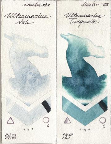 Winsor & Newton Professional 424 Ultramarine Ash, Daniel Smith 105 Ultramarine Turquoi watercolor swatch