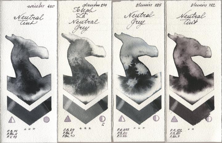 Winsor & Newton Professional 430 Neutral Tint, Daniel Smith 244 Joseph Zs Neutral Grey, Shminke Horadam Aquarell 785 Neutral Grey, 782 Neutral Ti watercolor swatch
