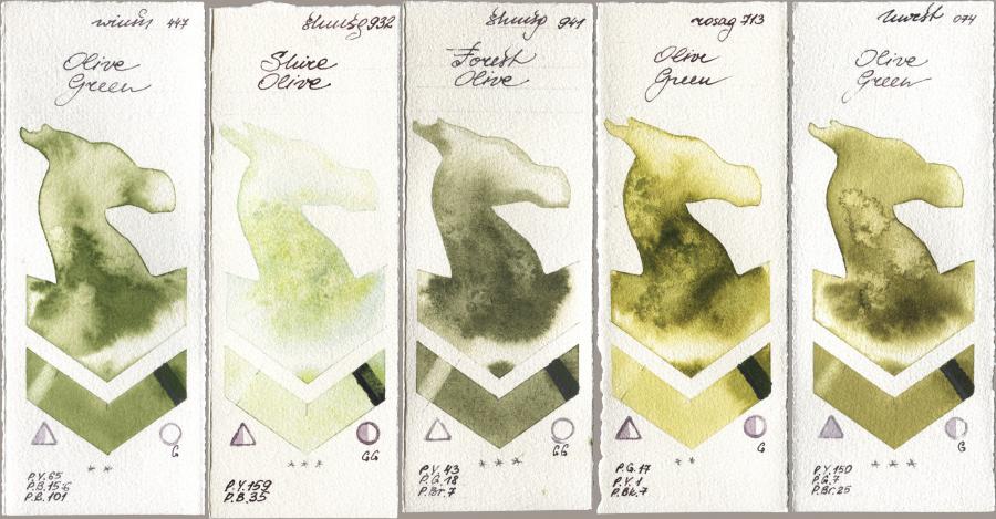 Winsor & Newton Professional 447 Olive Green, Shminke Horadam Aquarell 932 Shire Olive, 941 Forest Olive, Rosa Gallery 713 Olive Green, Holbein Artists Watercolor 074 Olive Gre watercolor swatch