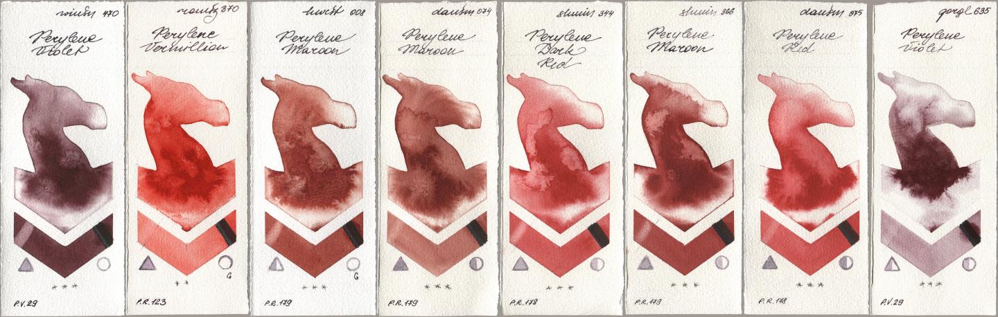 Winsor & Newton Professional 470 Perylene Violet, Roman Szmal Aquarius 370 Perylene Vermillion, Holbein Artists Watercolor 008 Perylene Maroon, Daniel Smith 074 Perylene Maroon, Shminke Horadam Aquarell 344 Perylene Dark Red, 366 Perylene Maroon, 075 Perylene Red, Golden QOR 635 Perylene Viol watercolor swatch