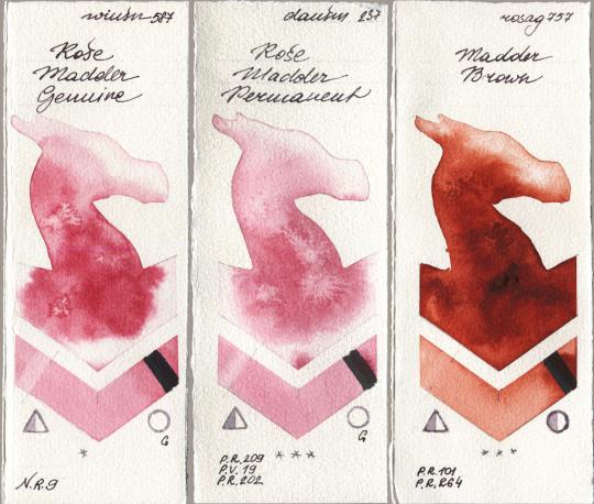 Winsor & Newton Professional 587 Rose Madder Genuine, Daniel Smith 237 Rose Madder Permanent, Rosa Gallery 757 Madder Bro watercolor swatch