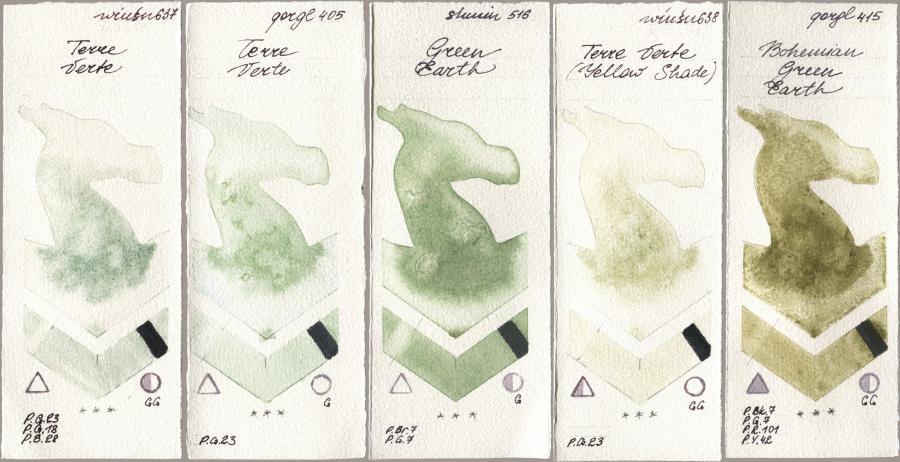 Winsor & Newton Professional 637 Terre Verte, Golden QOR 405 Terre Verte, Shminke Horadam Aquarell 516 Green Earth, 638 Terre Verte (Yellow Shade), 415 Bohemian Green Ear watercolor swatch