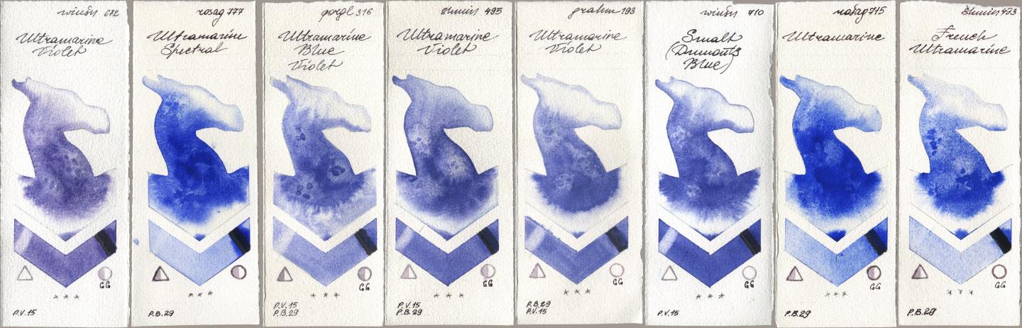 Winsor & Newton Professional 672 Ultramarine Violet, Rosa Gallery 777 Ultramarine Spectral, Golden QOR 316 Ultramarine Blue Violet, Shminke Horadam Aquarell 495 Ultramarine Violet, M. Graham & Co. Artists 193 Ultramarine Violet, 710 Smalt (Dumonts Blue), 715 Ultramarine, 493 French Ultramari watercolor swatch