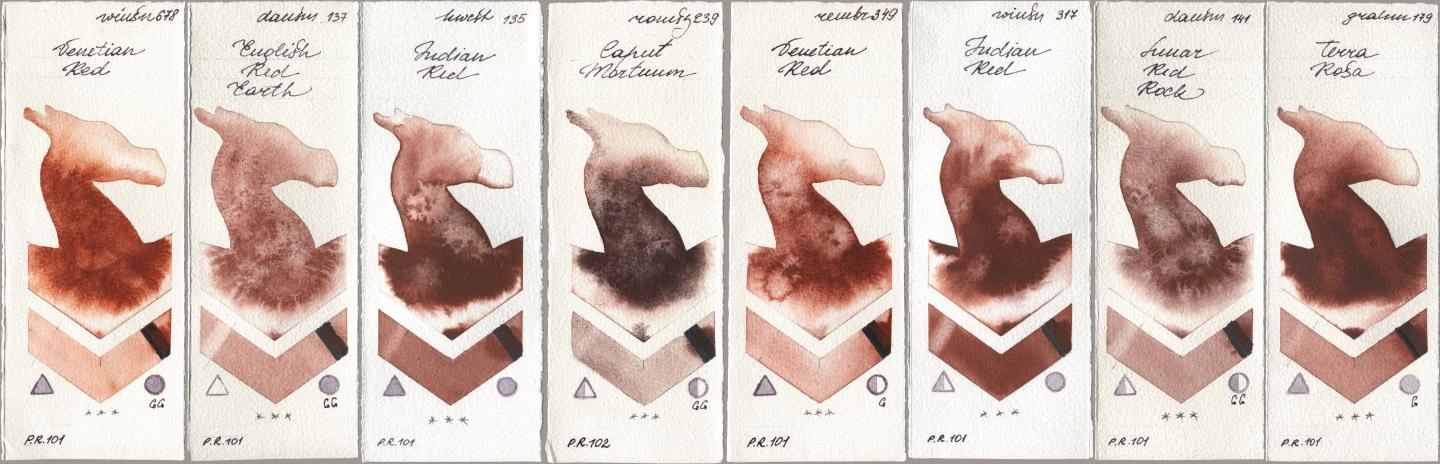 Winsor & Newton Professional 678 Venetian Red, Daniel Smith 137 English Red Earth, Holbein Artists Watercolor 135 Indian Red, Roman Szmal Aquarius 239 Caput Mortuum, Royal Talens Rembrandt Watercolour 349 Venerian Red, 317 Indian Red, 141 Lunar Red Rock, M. Graham & Co. Artists 179 Terra Ro watercolor swatch