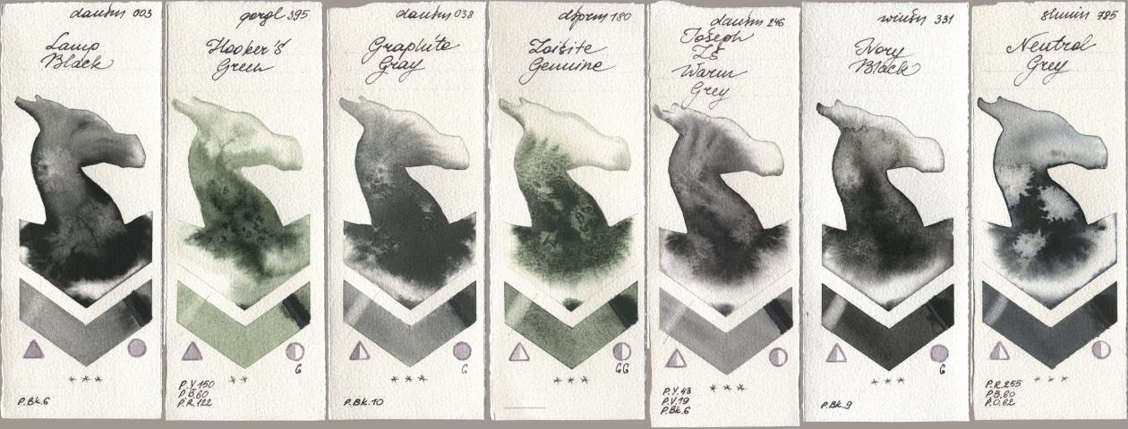 Daniel Smith 003 Lamp Black, Golden QOR 395 Hookers Green, 038 Graphite Gray, 180 Zoisite Genuine, 246 Joseph Zs Warm Grey, Winsor & Newton Professional 331 Ivory Black, Shminke Horadam Aquarell 785 Neutral Gr watercolor swatch