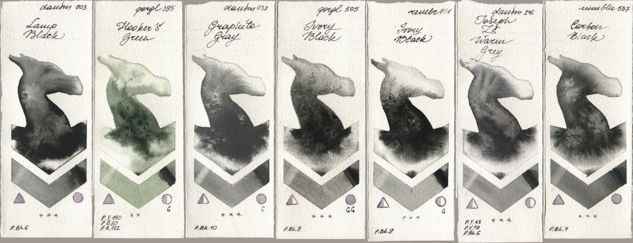 Daniel Smith 003 Lamp Black, Golden QOR 395 Hookers Green, 038 Graphite Gray, 505 Ivory Black, Royal Talens Rembrandt Watercolour 701 Ivory Black, 246 Joseph Zs Warm Grey, Maimeri Blu 537 Carbon Bla watercolor swatch