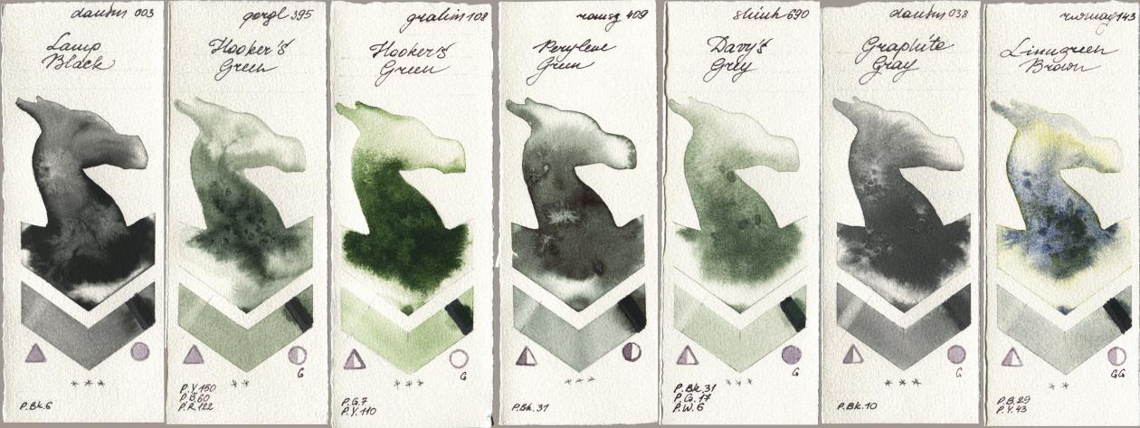 Daniel Smith 003 Lamp Black, Golden QOR 395 Hookers Green, M. Graham & Co. Artists 108 Hookers Green, Roman Szmal Aquarius 409 Perylene Green, Shinhan PWC 690 Davys Grey, 038 Graphite Gray, Rockwell 143 Limugreen Bro watercolor swatch
