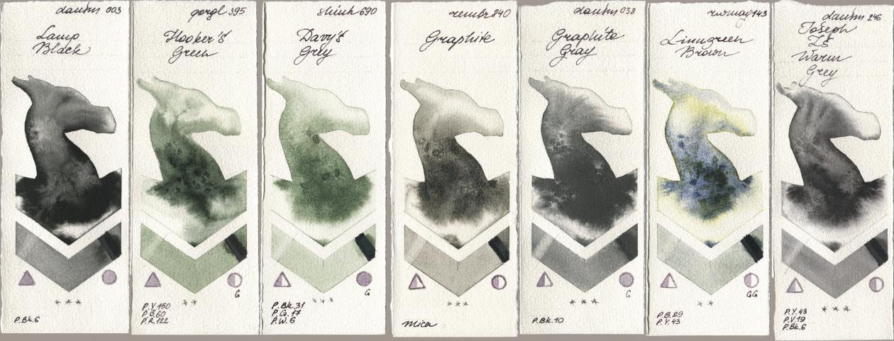 Daniel Smith 003 Lamp Black, Golden QOR 395 Hookers Green, Shinhan PWC 690 Davys Grey, Royal Talens Rembrandt Watercolour 840 Graphite, 038 Graphite Gray, Rockwell 143 Limugreen Brown, 246 Joseph Zs Warm Gr watercolor swatch