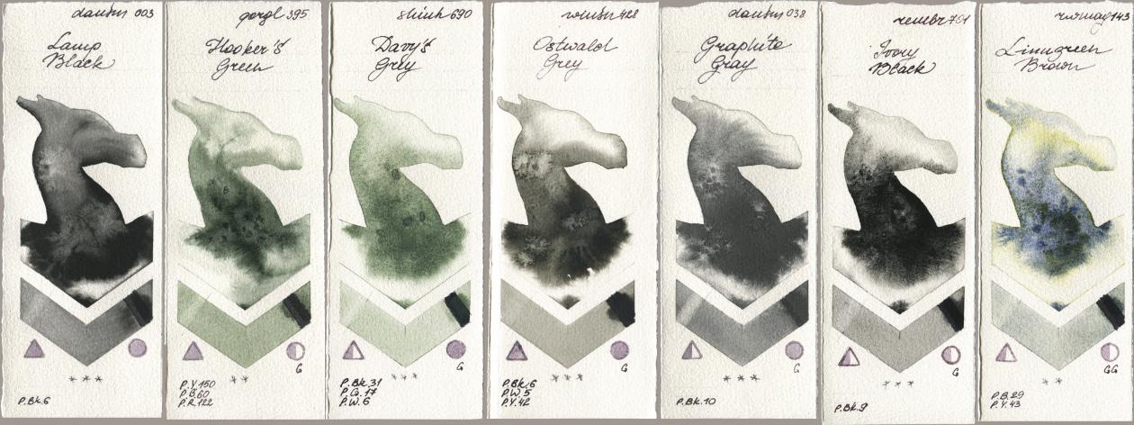 Daniel Smith 003 Lamp Black, Golden QOR 395 Hookers Green, Shinhan PWC 690 Davys Grey, Winsor & Newton Professional 428 Ostwald Grey, 038 Graphite Gray, Royal Talens Rembrandt Watercolour 701 Ivory Black, Rockwell 143 Limugreen Bro watercolor swatch