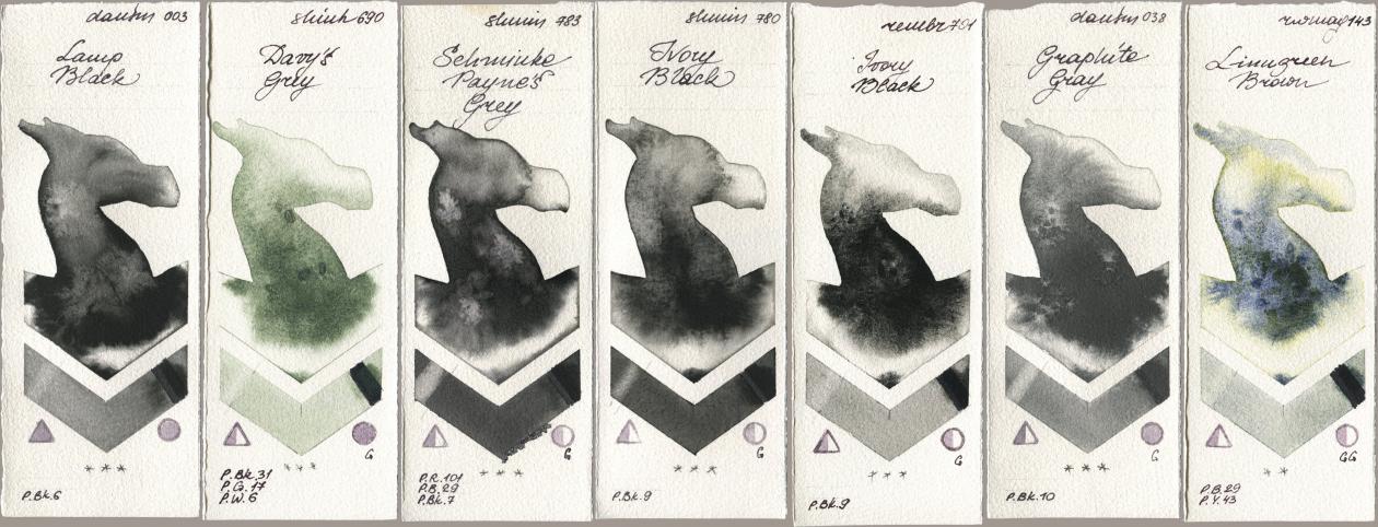 Daniel Smith 003 Lamp Black, Shinhan PWC 690 Davys Grey, Shminke Horadam Aquarell 783 Schmincke Paynes Grey, 780 Ivory Black, Royal Talens Rembrandt Watercolour 701 Ivory Black, 038 Graphite Gray, Rockwell 143 Limugreen Bro watercolor swatch