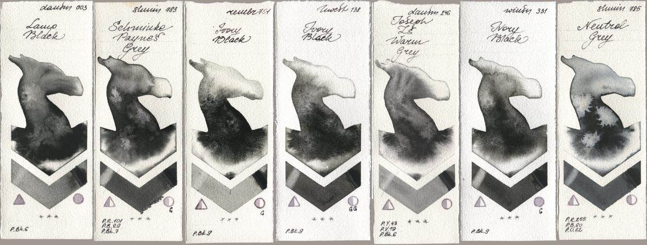 Daniel Smith 003 Lamp Black, Shminke Horadam Aquarell 783 Schmincke Paynes Grey, Royal Talens Rembrandt Watercolour 701 Ivory Black, Holbein Artists Watercolor 138 Ivory Black, 246 Joseph Zs Warm Grey, Winsor & Newton Professional 331 Ivory Black, 785 Neutral Gr watercolor swatch