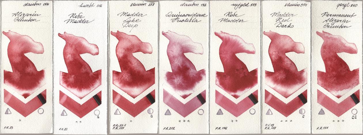 Daniel Smith 004 Alizarin Crimson, Holbein Artists Watercolor 012 Rose Madder, Shminke Horadam Aquarell 358 Madder Lake Deep, 132 Quinacridone Fuchsia, Mijello Mission Gold 513 Rose Madder, 354 Madder Red Dark, Golden QOR 240 Permanent Alizarin Crims watercolor swatch
