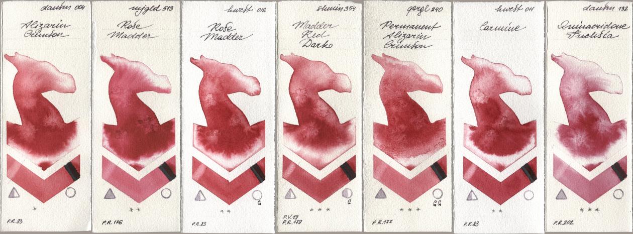 Daniel Smith 004 Alizarin Crimson, Mijello Mission Gold 513 Rose Madder, Holbein Artists Watercolor 012 Rose Madder, Shminke Horadam Aquarell 354 Madder Red Dark, Golden QOR 240 Permanent Alizarin Crimson, 011 Carmine, 132 Quinacridone Fuchs watercolor swatch