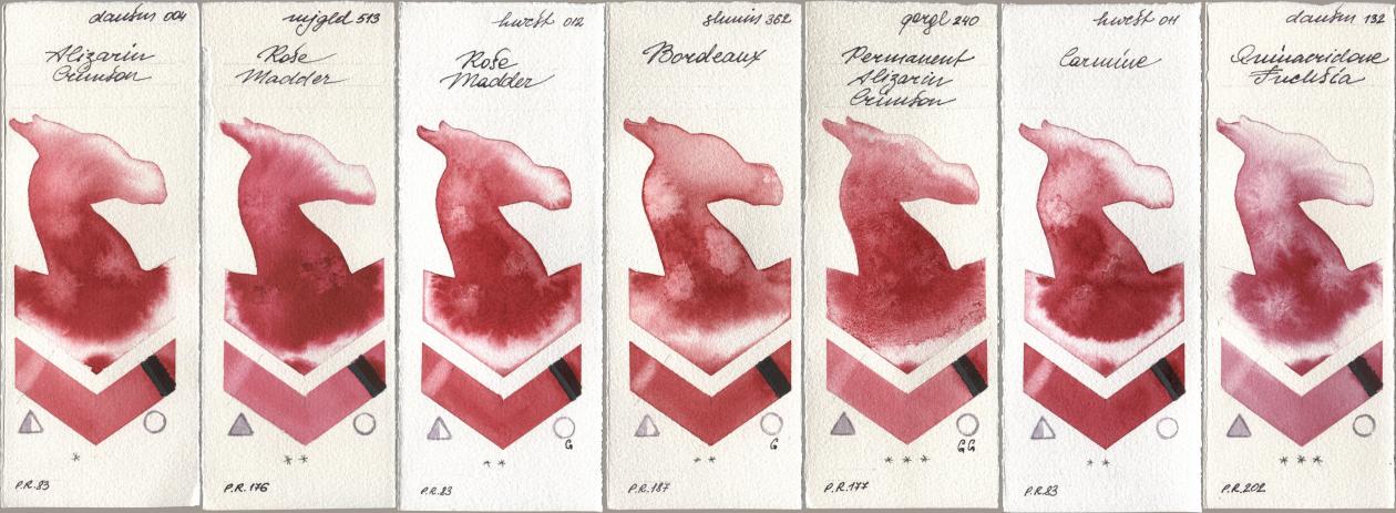Daniel Smith 004 Alizarin Crimson, Mijello Mission Gold 513 Rose Madder, Holbein Artists Watercolor 012 Rose Madder, Shminke Horadam Aquarell 362 Bordeaux, Golden QOR 240 Permanent Alizarin Crimson, 011 Carmine, 132 Quinacridone Fuchs watercolor swatch