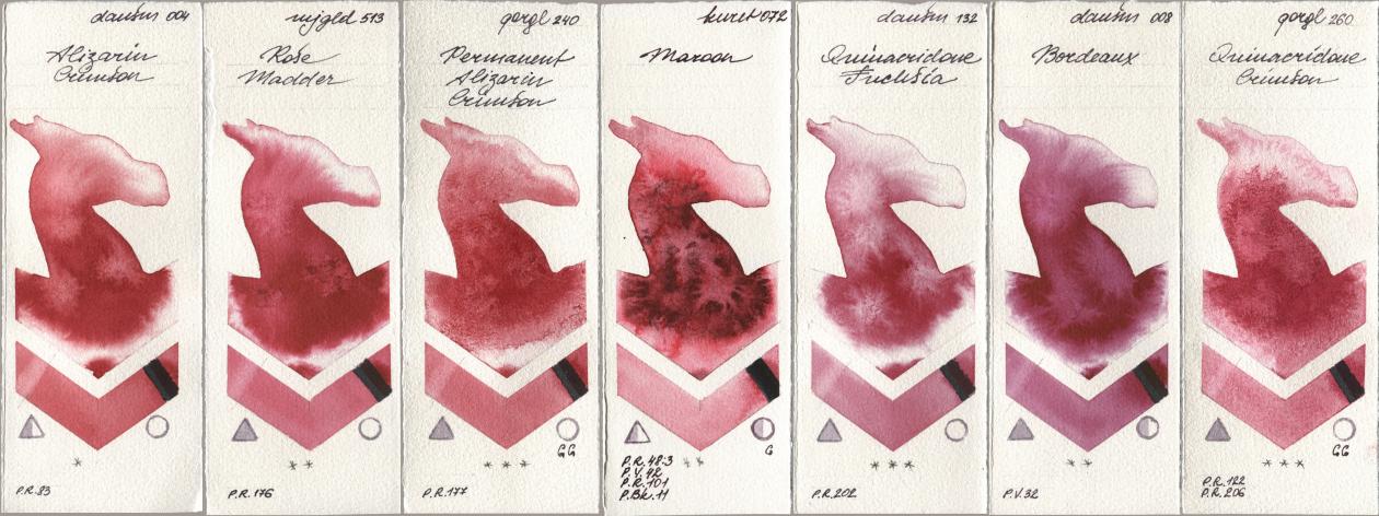 Daniel Smith 004 Alizarin Crimson, Mijello Mission Gold 513 Rose Madder, Golden QOR 240 Permanent Alizarin Crimson, Kuretake Gansai Tambi 072 Maroon, 132 Quinacridone Fuchsia, 008 Bordeaux, 260 Quinacridone Crims watercolor swatch