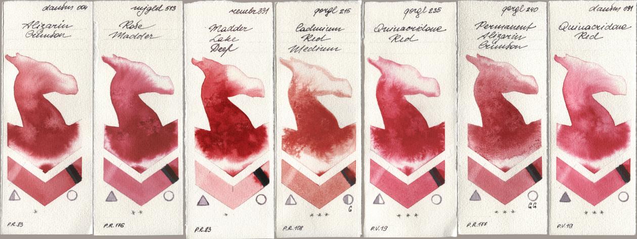 Daniel Smith 004 Alizarin Crimson, Mijello Mission Gold 513 Rose Madder, Royal Talens Rembrandt Watercolour 331 Madder Lake Deep, Golden QOR 215 Cadmium Red Medium, 235 Quinacridone Red, 240 Permanent Alizarin Crimson, 091 Quinacridone R watercolor swatch