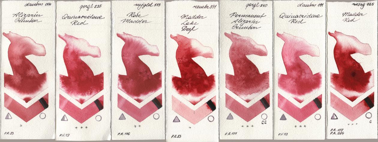 Daniel Smith 004 Alizarin Crimson, Golden QOR 235 Quinacridone Red, Mijello Mission Gold 513 Rose Madder, Royal Talens Rembrandt Watercolour 331 Madder Lake Deep, 240 Permanent Alizarin Crimson, 091 Quinacridone Red, Rosa Gallery 725 Madder R watercolor swatch