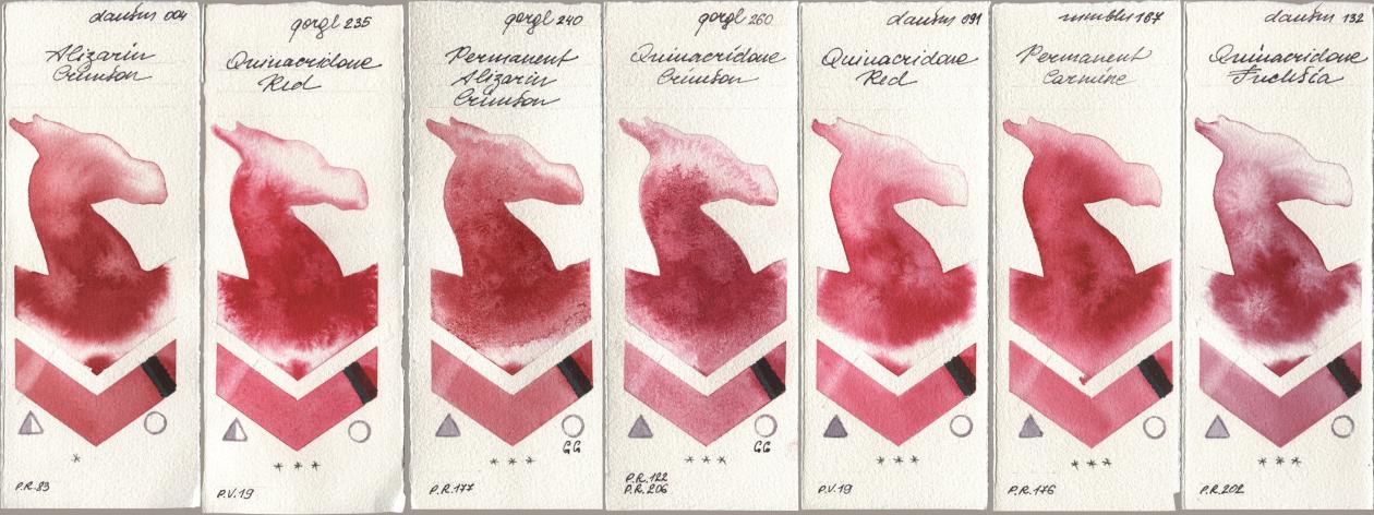 Daniel Smith 004 Alizarin Crimson, Golden QOR 235 Quinacridone Red, 240 Permanent Alizarin Crimson, 260 Quinacridone Crimson, 091 Quinacridone Red, Maimeri Blu 167 Permanent Carmine, 132 Quinacridone Fuchs watercolor swatch