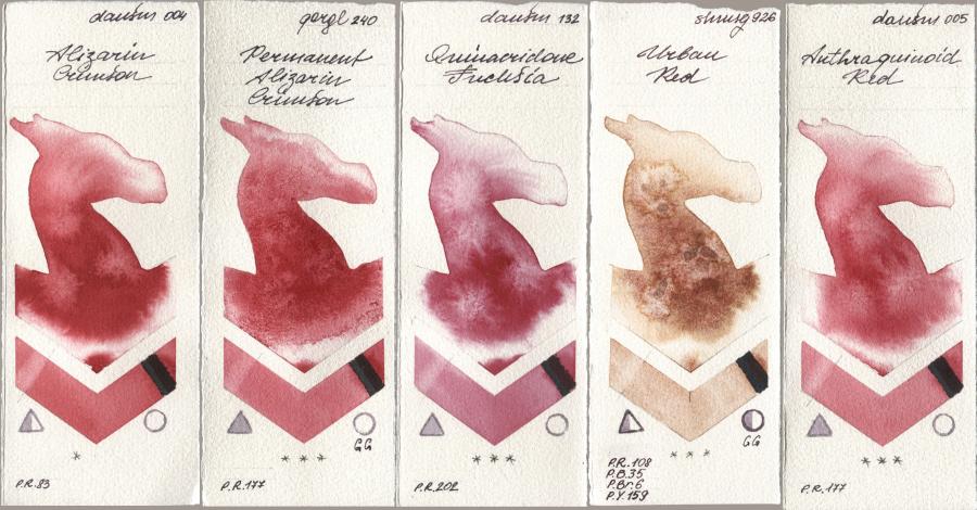 Daniel Smith 004 Alizarin Crimson, Golden QOR 240 Permanent Alizarin Crimson, 132 Quinacridone Fuchsia, Shminke Horadam Aquarell 926 Urban Red, 005 Anthraquinoid R watercolor swatch