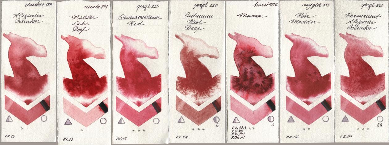 Daniel Smith 004 Alizarin Crimson, Royal Talens Rembrandt Watercolour 331 Madder Lake Deep, Golden QOR 235 Quinacridone Red, 220 Cadmium Red Deep, Kuretake Gansai Tambi 072 Maroon, Mijello Mission Gold 513 Rose Madder, 240 Permanent Alizarin Crims watercolor swatch