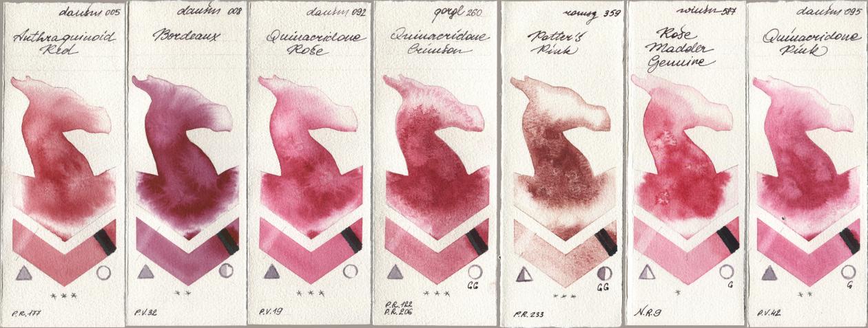 Daniel Smith 005 Anthraquinoid Red, 008 Bordeaux, 092 Quinacridone Rose, Golden QOR 260 Quinacridone Crimson, Roman Szmal Aquarius 359 Potters Pink, Winsor & Newton Professional 587 Rose Madder Genuine, 095 Quinacridone Pi watercolor swatch