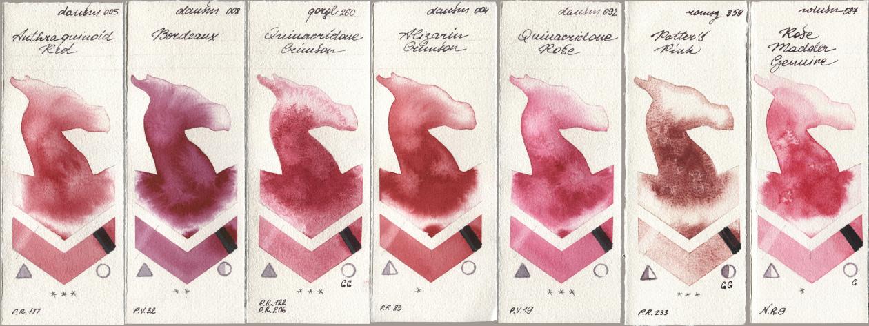 Daniel Smith 005 Anthraquinoid Red, 008 Bordeaux, Golden QOR 260 Quinacridone Crimson, 004 Alizarin Crimson, 092 Quinacridone Rose, Roman Szmal Aquarius 359 Potters Pink, Winsor & Newton Professional 587 Rose Madder Genui watercolor swatch