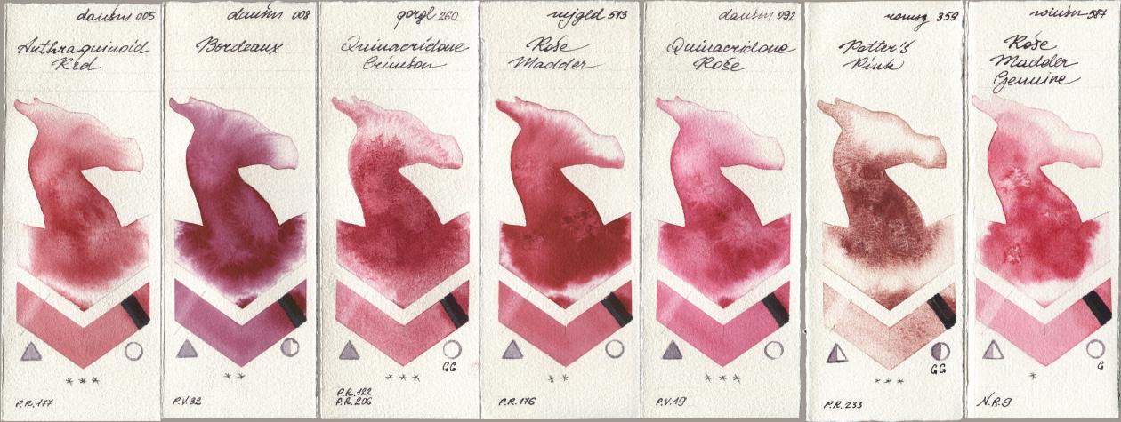 Daniel Smith 005 Anthraquinoid Red, 008 Bordeaux, Golden QOR 260 Quinacridone Crimson, Mijello Mission Gold 513 Rose Madder, 092 Quinacridone Rose, Roman Szmal Aquarius 359 Potters Pink, Winsor & Newton Professional 587 Rose Madder Genui watercolor swatch