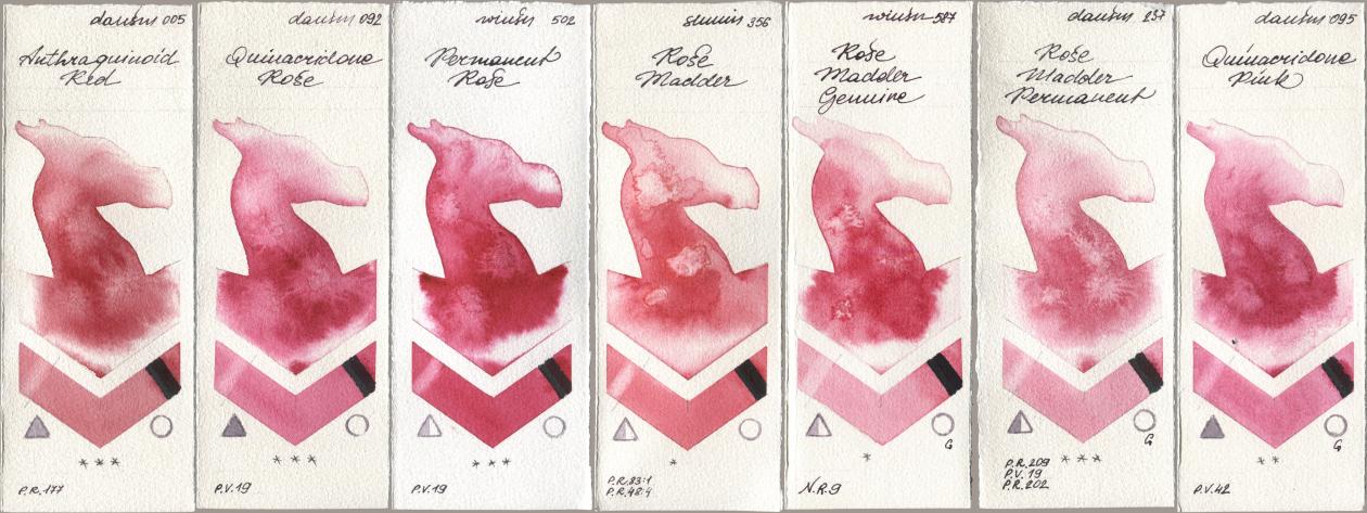 Daniel Smith 005 Anthraquinoid Red, 092 Quinacridone Rose, Winsor & Newton Professional 502 Permanent Rose, Shminke Horadam Aquarell 356 Rose Madder, 587 Rose Madder Genuine, 237 Rose Madder Permanent, 095 Quinacridone Pi watercolor swatch