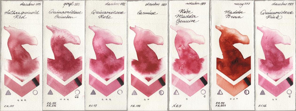 Daniel Smith 005 Anthraquinoid Red, Golden QOR 260 Quinacridone Crimson, 092 Quinacridone Rose, 020 Carmine, Winsor & Newton Professional 587 Rose Madder Genuine, Rosa Gallery 757 Madder Brown, 095 Quinacridone Pi watercolor swatch