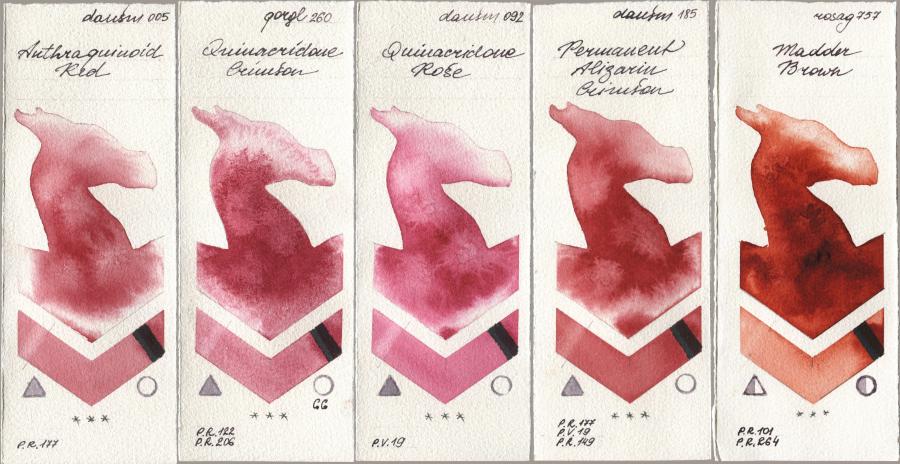 Daniel Smith 005 Anthraquinoid Red, Golden QOR 260 Quinacridone Crimson, 092 Quinacridone Rose, 185 Permanent Alizarin Crimson, Rosa Gallery 757 Madder Bro watercolor swatch
