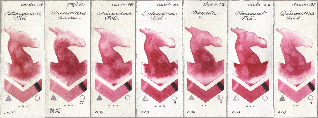 Daniel Smith 005 Anthraquinoid Red, Golden QOR 260 Quinacridone Crimson, 092 Quinacridone Rose, Holbein Artists Watercolor 005 Quinacridone Red, Shminke Horadam Aquarell 352 Magenta, Winsor & Newton Professional 502 Permanent Rose, 095 Quinacridone Pi watercolor swatch