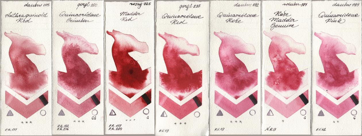 Daniel Smith 005 Anthraquinoid Red, Golden QOR 260 Quinacridone Crimson, Rosa Gallery 725 Madder Red, 235 Quinacridone Red, 092 Quinacridone Rose, Winsor & Newton Professional 587 Rose Madder Genuine, 095 Quinacridone Pi watercolor swatch