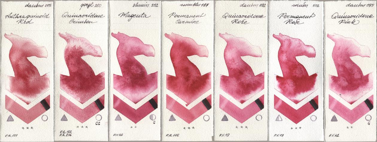 Daniel Smith 005 Anthraquinoid Red, Golden QOR 260 Quinacridone Crimson, Shminke Horadam Aquarell 352 Magenta, Maimeri Blu 167 Permanent Carmine, 092 Quinacridone Rose, Winsor & Newton Professional 502 Permanent Rose, 095 Quinacridone Pi watercolor swatch