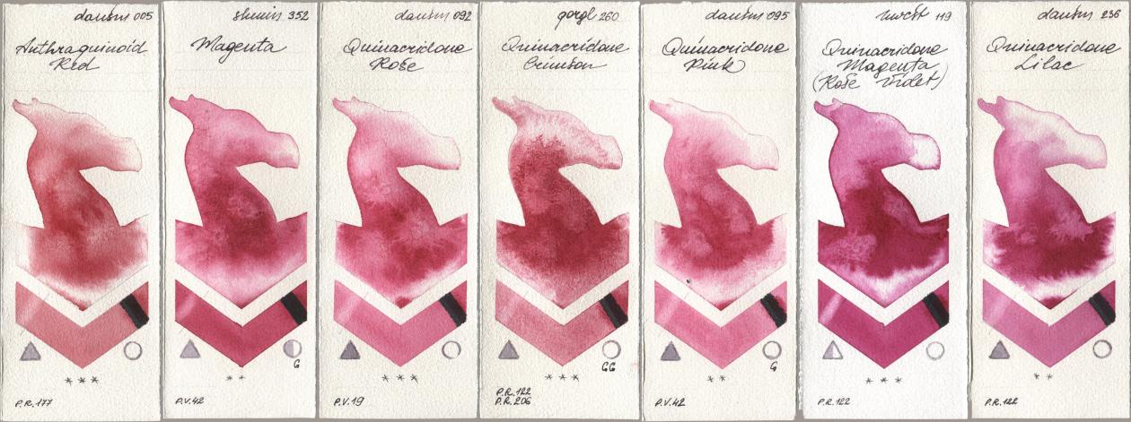 Daniel Smith 005 Anthraquinoid Red, Shminke Horadam Aquarell 352 Magenta, 092 Quinacridone Rose, Golden QOR 260 Quinacridone Crimson, 095 Quinacridone Pink, Holbein Artists Watercolor 119 Quinacridone Magenta (Rose Violet), 236 Quinacridone Lil watercolor swatch